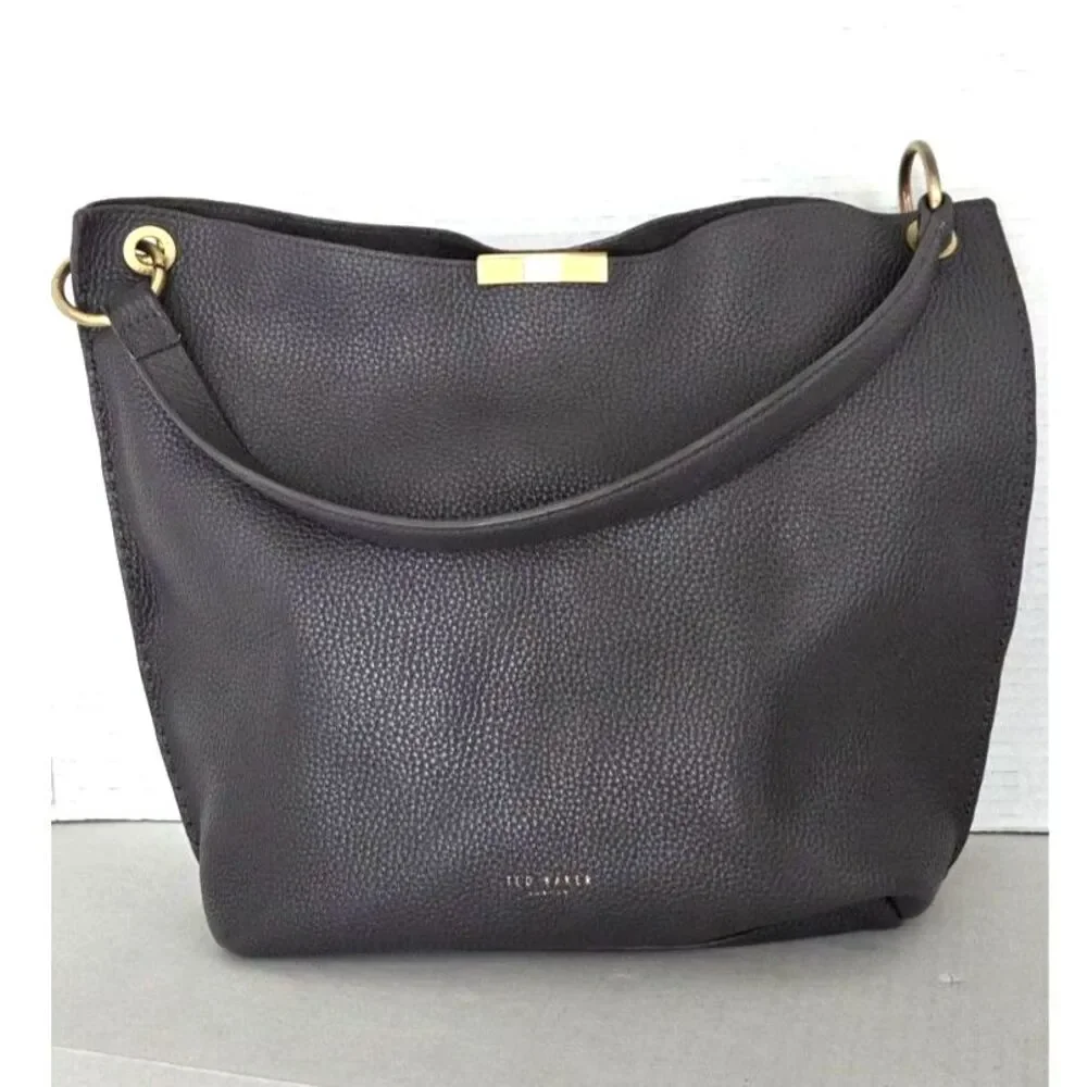 Ted Baker London Candiee Pebbled Leather Charcoal Grey Hobo Bag Gold Hardware
